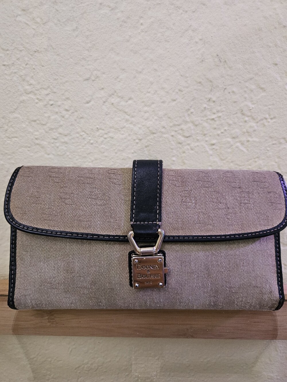 Dooney & Bourke Vintage Tan Signature Canvas Checkbook Wallet with Black Trim